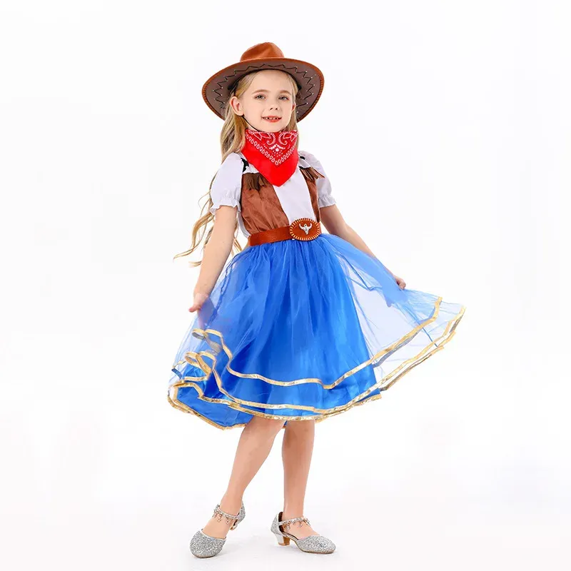 Costume da cowgirl occidentale per bambini, vestito, cappello, cintura, sciarpa, set completo, vestito da cowgirl, costume da gioco, abito da festa di carnevale di Halloween_voghion.com