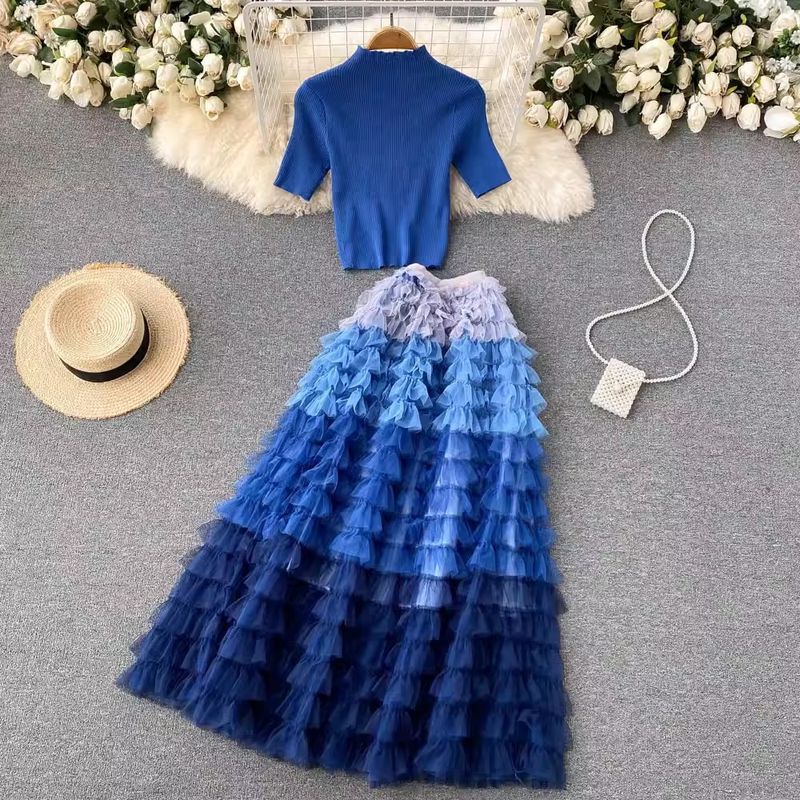 Haut tricoté à perles lourdes pour femmes, coupe cintrée, haut court en maille, jupe mi-longue, ensemble deux pièces_voghion.com