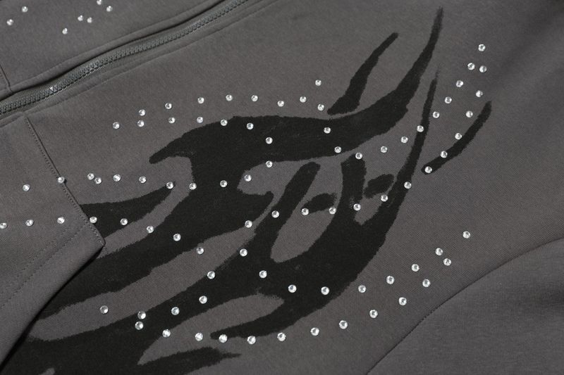 Felpa con cappuccio e zip da uomo con strass e fiamme retrò – Giacca streetwear oversize (grigio/viola, M-XL)_voghion.com
