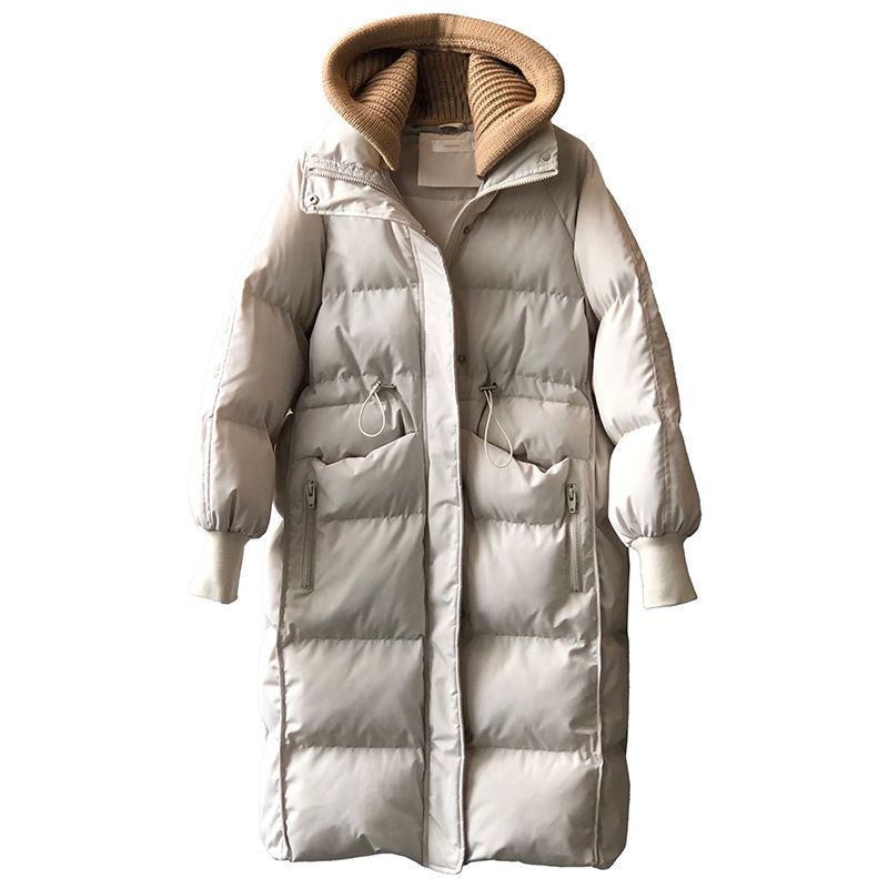 Gestrickte Daunenmütze mit Kapuze für Damen im Winter, mittellange neue koreanische Version, lockere und dicke warme Baumwolljacke_voghion.com