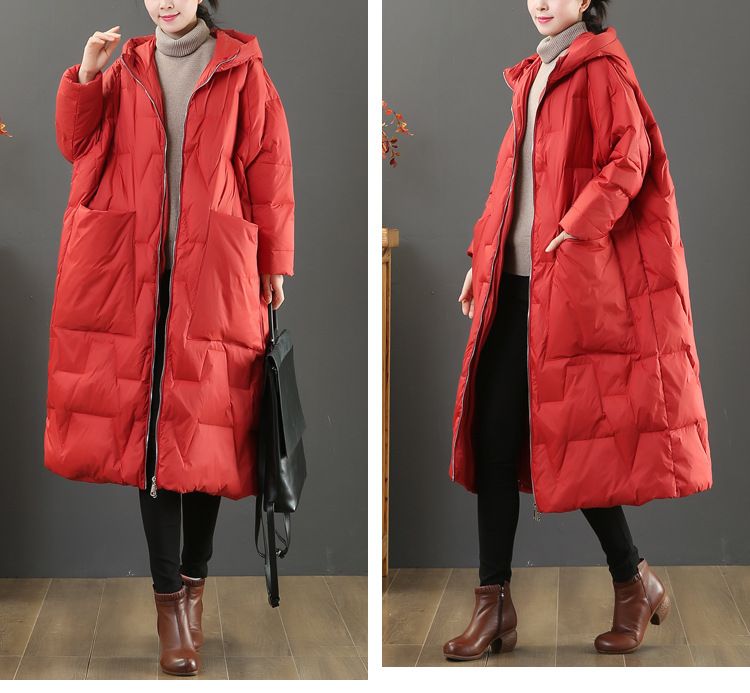 Dammekleeder Grouss Gréissten locker literaresch Laangärm Kapuzenjacket Wanter Neie Stil Iwwer de Knéi Wäiss Entendaun Dënn Daunjacket Trend_voghion.com