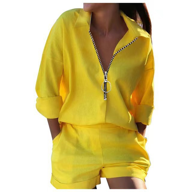 Abito da donna a due pezzi con camicetta a maniche lunghe con cerniera stampata e pantaloncini_voghion.com