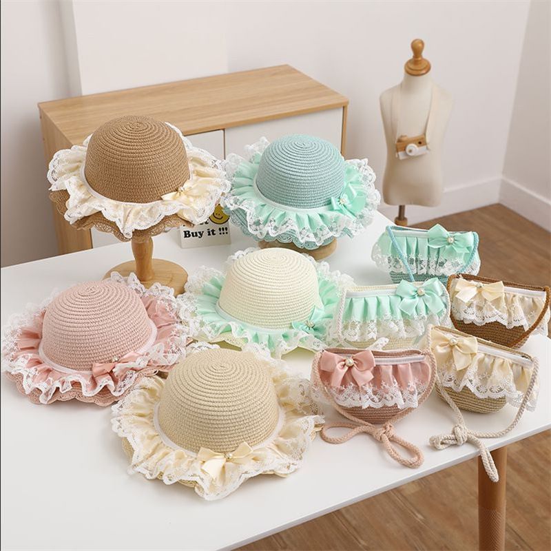 Cappelli di paglia da pescatore pieghevoli da spiaggia per bambini, protezione solare estiva da donna e set di borse_voghion.com