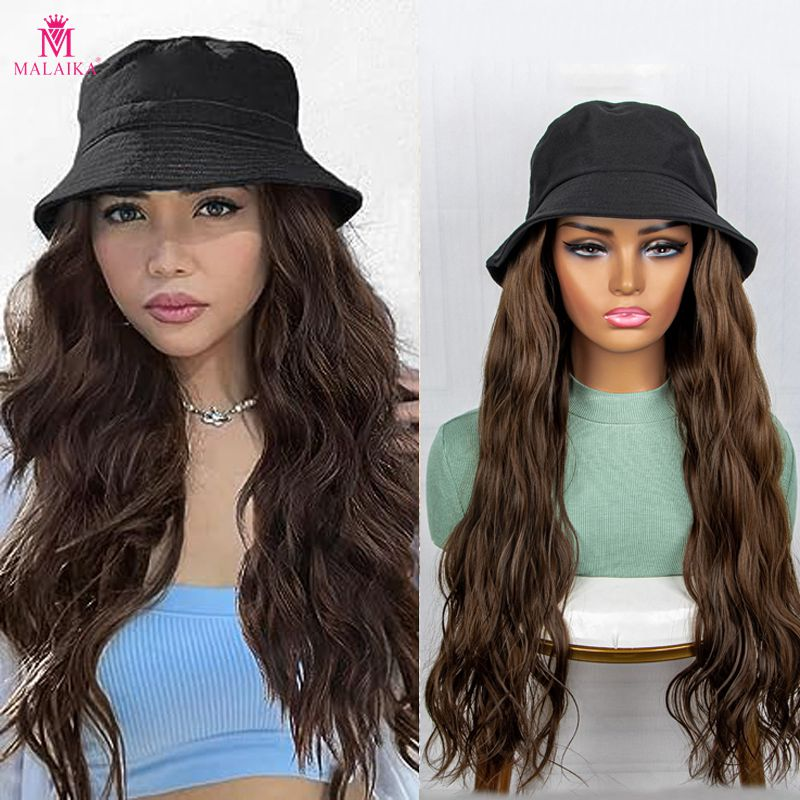 Hat Wig for Women Synthetic Long Water Wave Bucket Hat Wig with Hair Extensions Attached for Women Girl_voghion.com