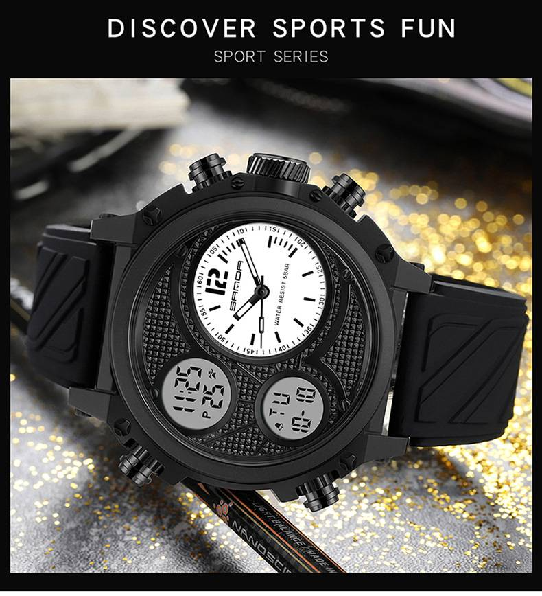 SANDA LED Digital Sport Watches 50m Waterproof Electronic Wristwatch Three Time Display Quartz Watch for Men Alarm Clock_voghion.com