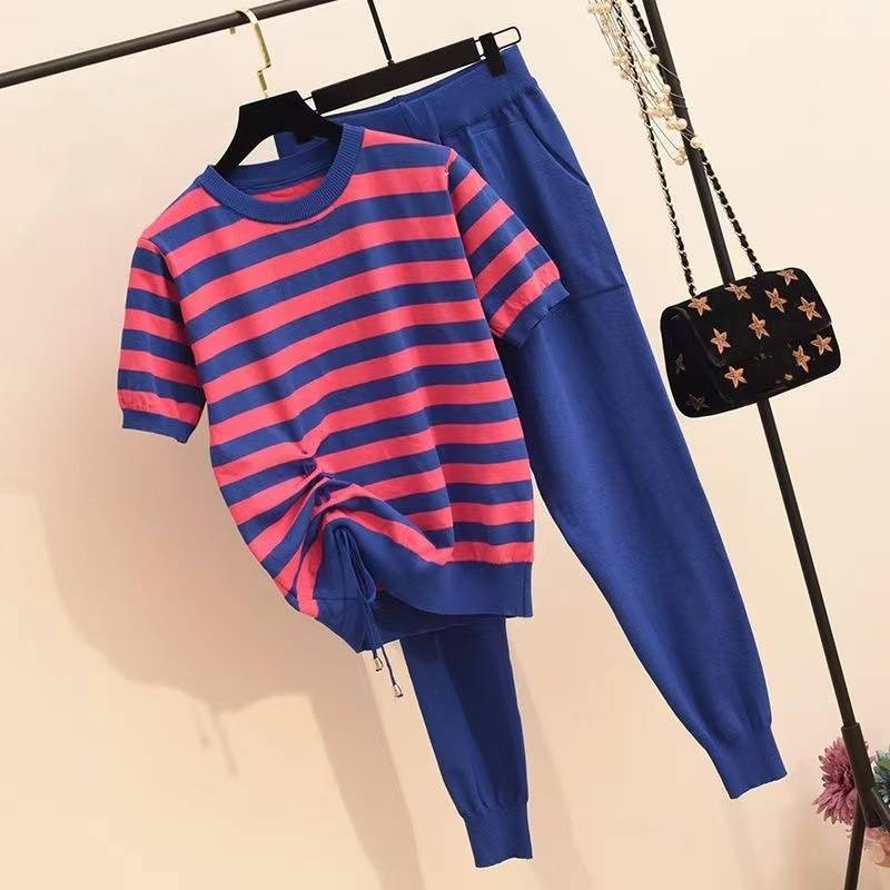 Women's Clothing Knitted Casual Fashionable Striped Drawstring Short Sleeve Knitted Pants_voghion.com