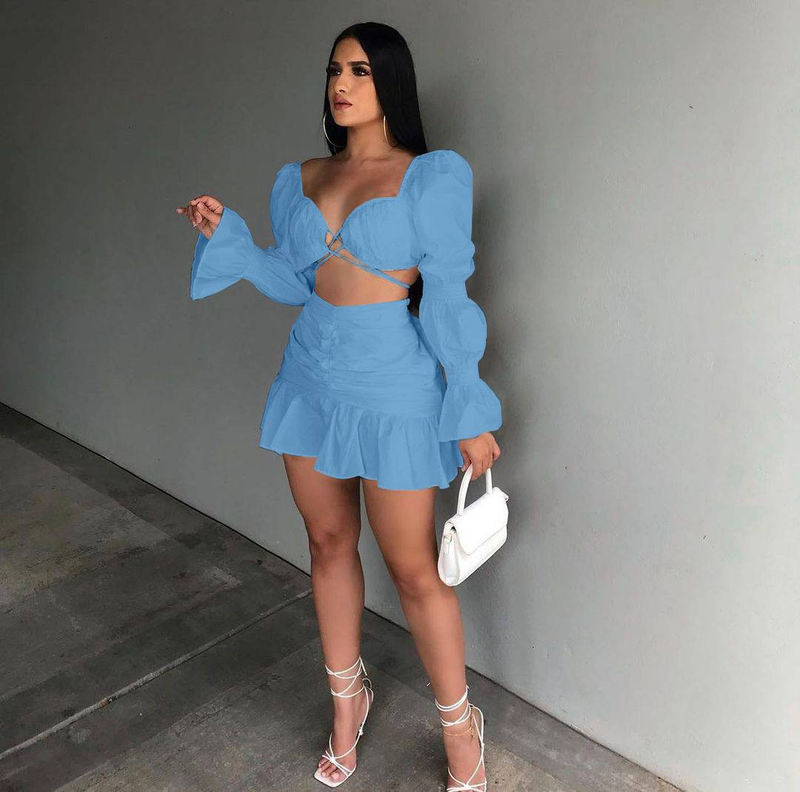 Ensemble 2 pièces sexy pour femme, tenue de festival, haut court à manches bouffantes et mini-jupe à volants, tenue de club, tenue de soirée assortie_voghion.com