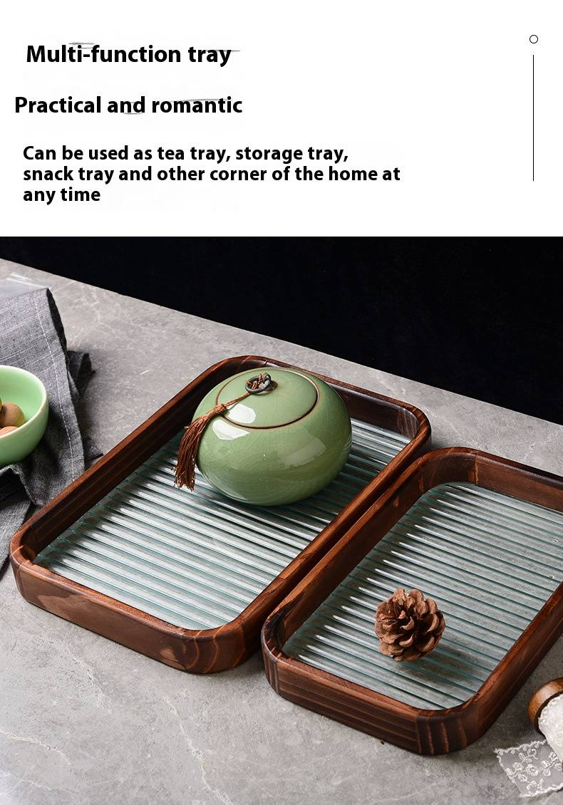 Walnut-Colored Rectangular Tray With Textured Glass - Minimalist Serving Platter For Tea, Coffee, Fruits & Desserts_voghion.com