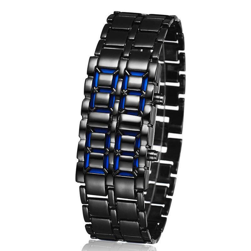 Men's LED Digital Watch With Alloy Steel Band, Red & Blue Light Display, Mineral Glass Face, Rectangle Dial Light Display Digital Watch_voghion.com