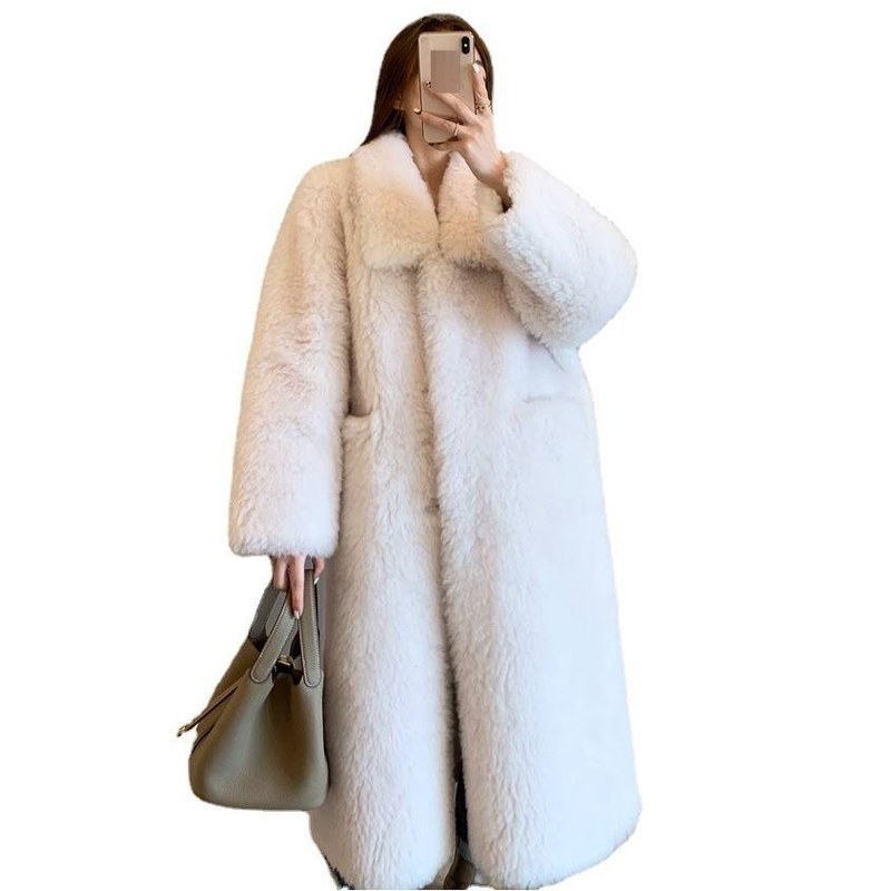 Cappotto di lusso in montone Toca da donna - Giacca lunga foderata in pile di peluche con morbida pelle, elegante e comodo capospalla invernale (bianco, tè al latte, nero)_voghion.com