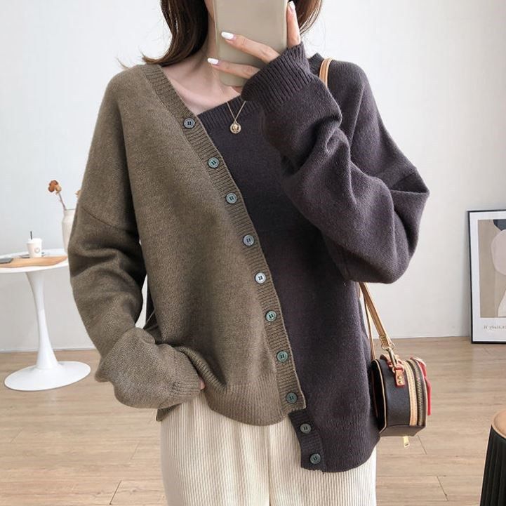 Damenbekleidung Asymmetrischer Strickpullover im koreanischen Stil Lässiger, weicher Color-Block-Pullover für Damen Übergroßes Rundhals-Langarm-Oberteil aus Acryl_voghion.com
