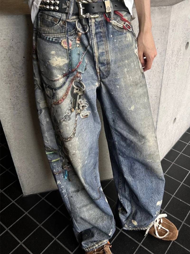 Jeans lavati con stampa a catena 3D da uomo – Pantaloni in denim larghi vintage effetto consumato per uomo e donna_voghion.com