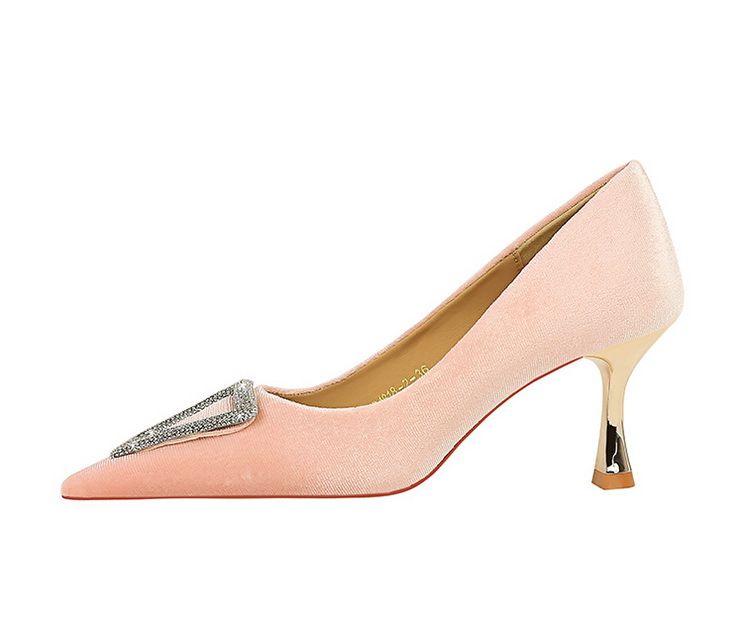 Scarpe con tacco da banchetto, basse in pelle scamosciata imbottita, punta appuntita, scarpe singole con chiusura in strass metallici a triangolo_voghion.com