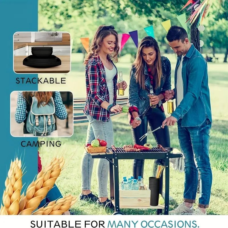 32-piece Plastic Wheat Straw Square Dinnerware Set For 8, Unbreakable Dinner Plates, Salad Plates, Snack Bowls, Tumblers 20 Oz, Black Matte_voghion.com