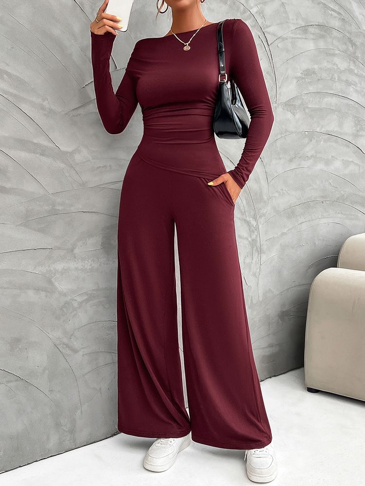 Y2K Damen-Set – Schmales Langarm-Oberteil & Hose mit weitem Bein (S-XL, Schwarz/Dunkelgrau/Khaki/Weinrot/Dunkelgrün/Braun/Dunkelblau)_voghion.com
