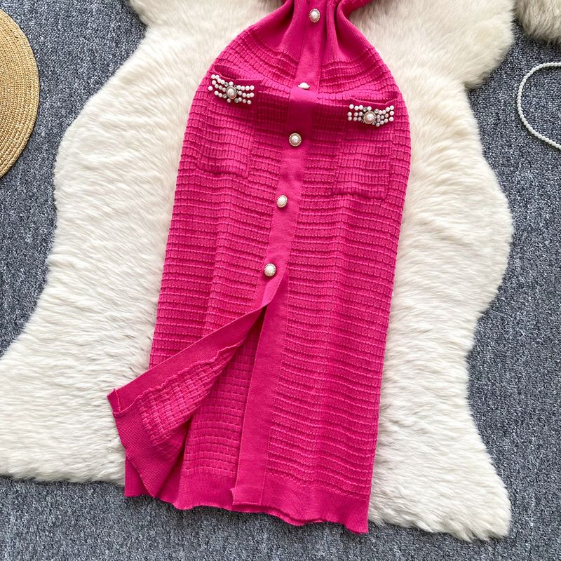 Abito da donna in maglia con scollo a V, fiocco, diamanti, vestibilità aderente, splendida gonna lunga_voghion.com