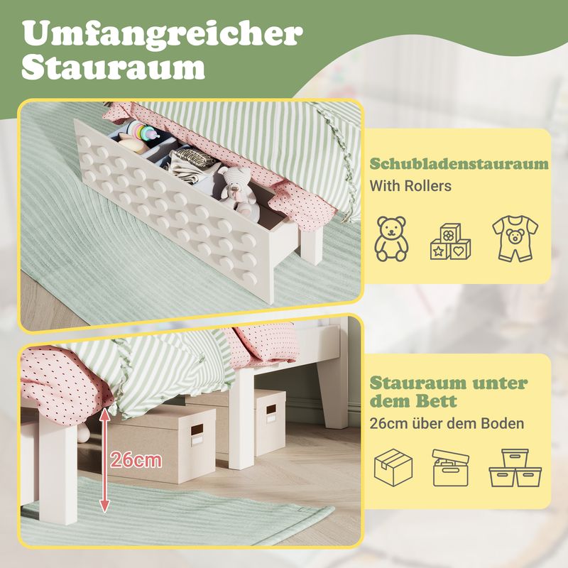 Holzbett 90x190cm Mit Blockdesign, Massivholz, Schubladen, Stauraum, Blanc_voghion.com