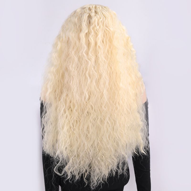 Parrucca con extension per capelli, nuova parrucca per donna, capelli neri ricci alla moda, ondulati, ricci di mais, riga centrale, frangia, copricapo completo._voghion.com