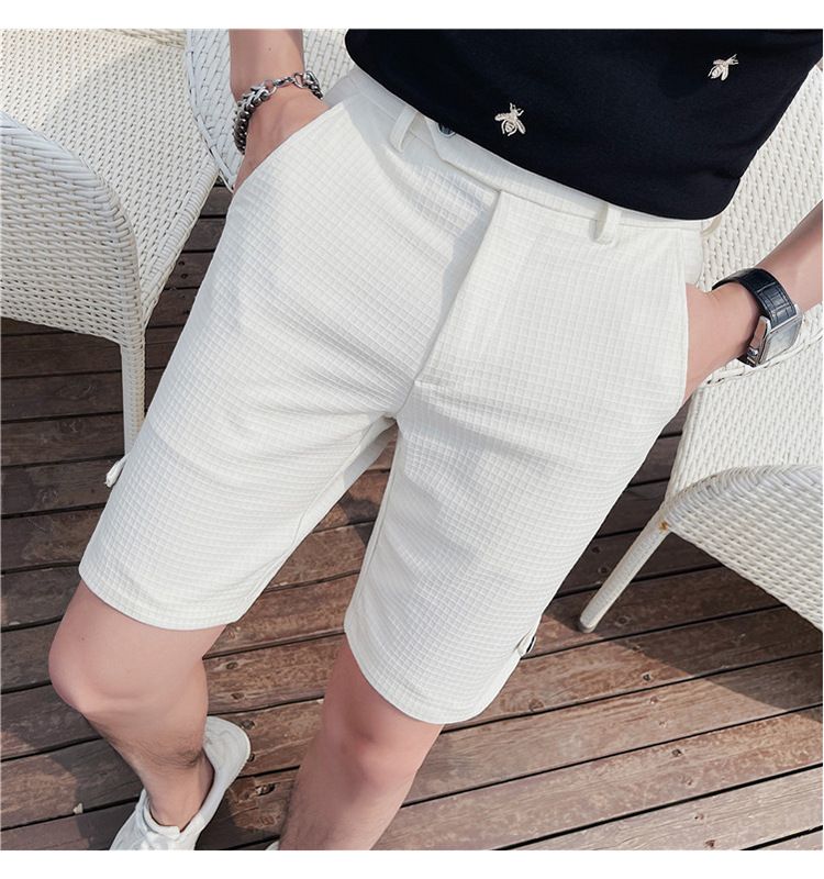 Summer new Internet celebrity trend waffle fabric casual shorts British temperament men's slim-fitting five-point pants_voghion.com