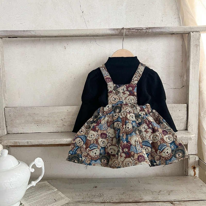 Mother&Kids Girls' turtleneck puffy sleeve base shirt + cartoon suspender skirt set Instagram baby two-piece fashion set_voghion.com