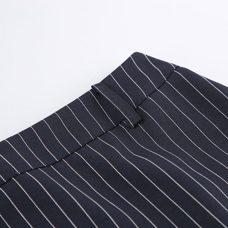 Autumn Winter Rro Navy Blue Striped V-Neck Waist-Cinching Blazer Short A-Line Skirt Women's Fashion Casual Two-Piece_voghion.com