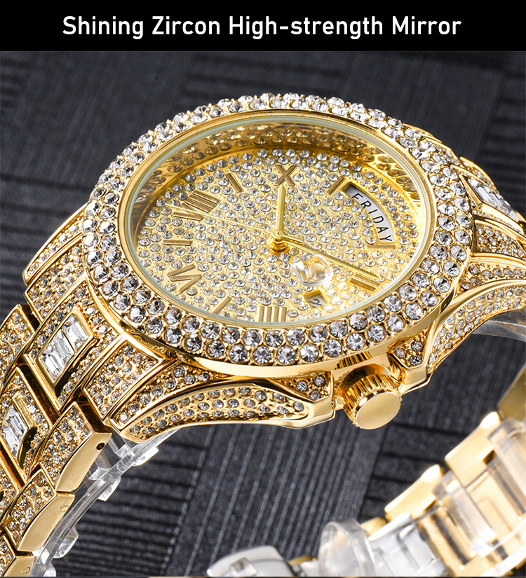 MISSFOX Dual Calendar New Full Diamond Luxury Men's Quartz Gentlemen's Watch Gold Fashion_voghion.com