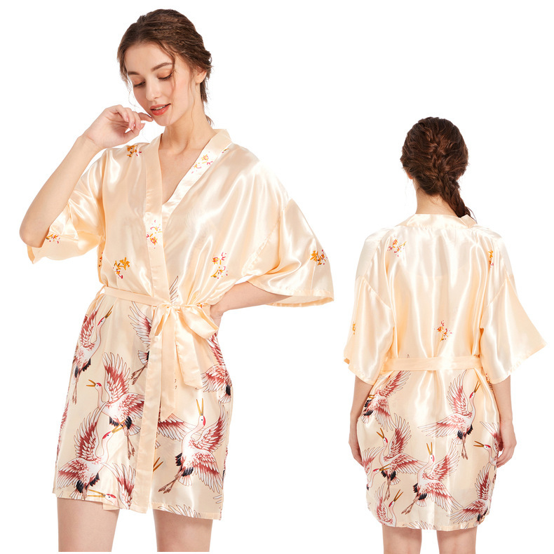 Sovkläder för kvinnor Ice Silk National Style Crane Stor storlek Kofta Nattlinne Morgonrock Sommar Tunn Silke Bröllopsklänning Brud Brudtärna Morgonklänning_voghion.com