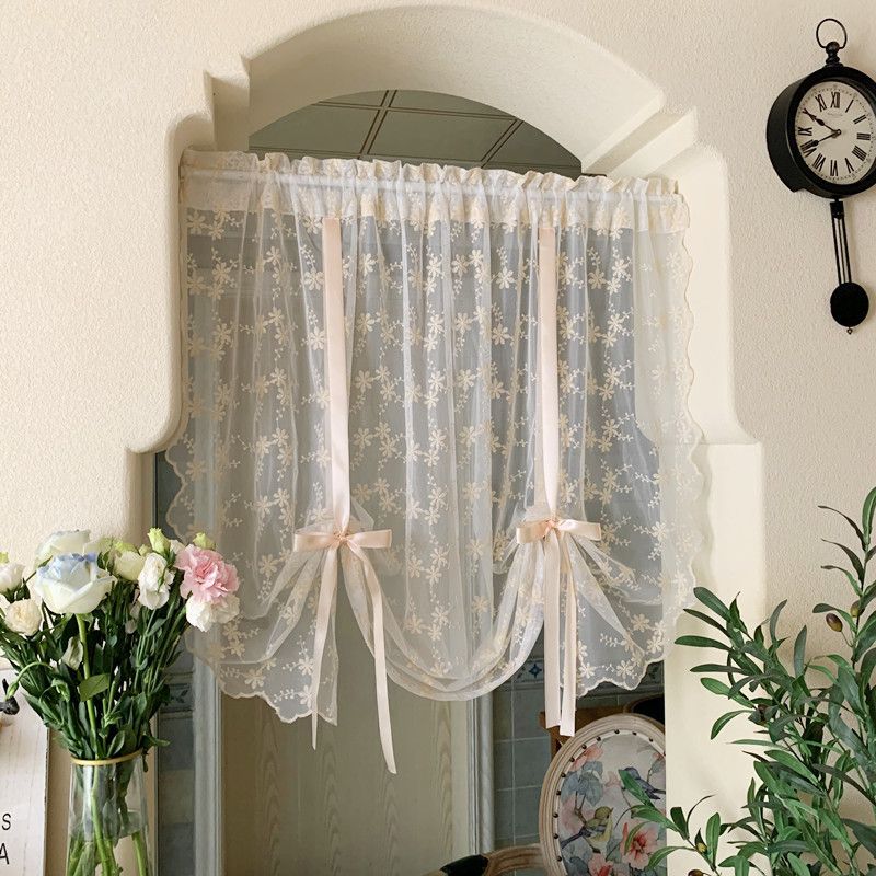 Pastoral Embroidery Window Screen Lifting Curtain Lifting Curtain Lace Screen Curtain Free Punching Velcro Partition Bay Window Balcony_voghion.com