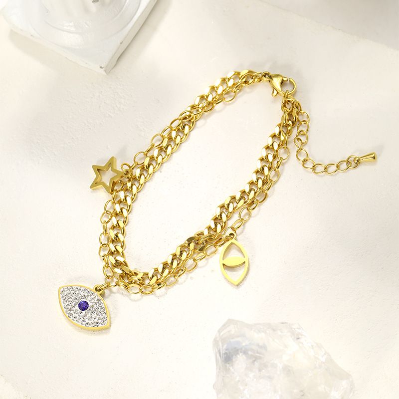 Diamond-encrusted Zircon Devil's Eye Double-layer Necklace Female Personality Versatile Stainless Steel Gold-plated Bracelet_voghion.com