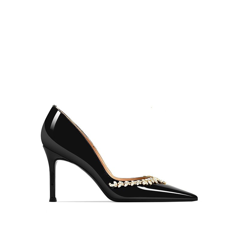 Talons hauts pour femmes 2025 printemps et automne nouveau style stiletto bout pointu français noir élégant strass simple nu_voghion.com