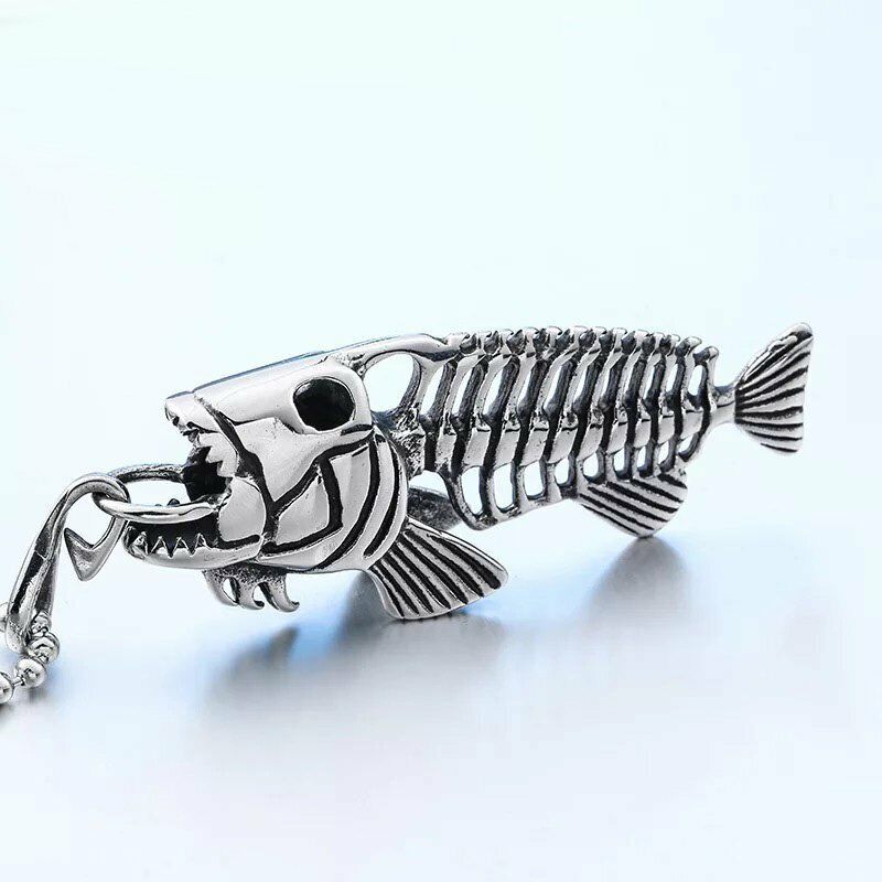 Punk Retro Vintage Coole Herren Angeln Fisch Knochen Skelett Haken Halskette Anhänger Edelstahl Männer_voghion.com