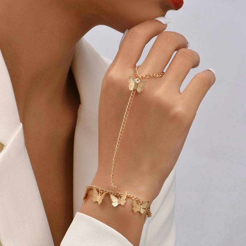 Creatieve Vlinder Link Chain Armband Aangesloten Vinger Ring Bangle Armbanden voor Vrouwen Gekoppeld Handharnas Paar Sieraden Geschenken_voghion.com