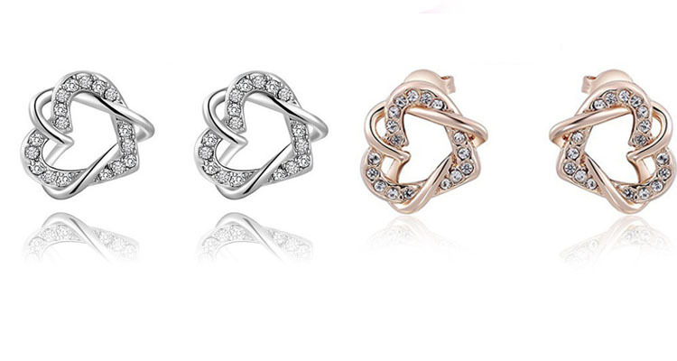 Piccoli orecchini di bigiotteria alla moda con diamanti pieni e orecchini a doppio cuore_voghion.com