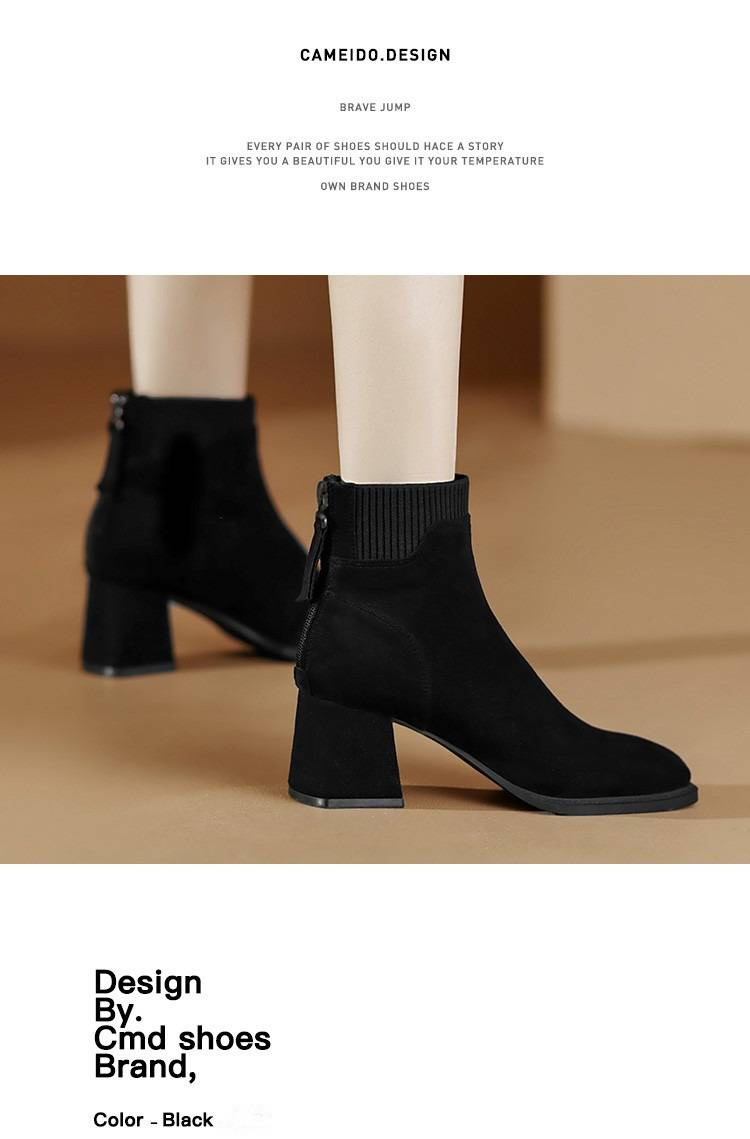 Cameido 2024 New High-heeled Boots, British-style Chunky-heeled Ankle Boots for Autumn and Winter, Fleece-lined Slim Boots for Autumn and Winter_voghion.com