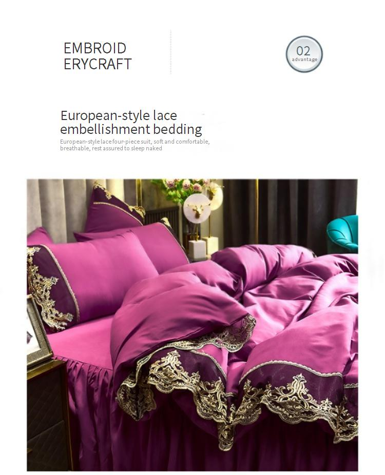 Copriletto di lusso in flanella con pizzo ricamato, set da 4 pezzi - Elegante gonna da letto con copripiumino_voghion.com