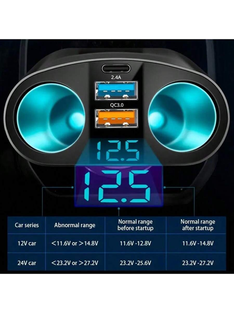 QC3.0 Car Charger Lighter Socket Splitter 12V/24V Dual USB Power Adapter Car Socket 5 Ports For Mobile Phone DVR Charging Type-C_voghion.com