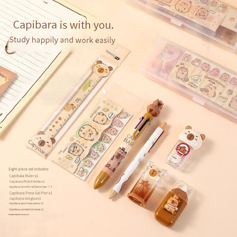 Cute Capybara Stationery Set - 12-Piece Transparent Pencil Case With Stickers & Correction Tape, Fun School Supplies For Students_voghion.com