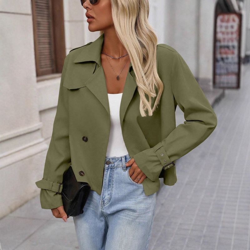 Dames trenchcoat met dubbele rij knopen - klassiek ontwerp met korte revers, waterafstotende polyester jas voor herfst en winter_voghion.com