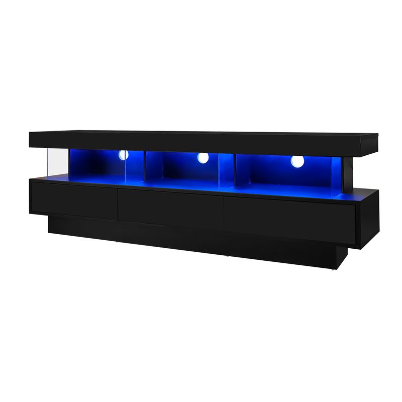 Meuble TV noir brillant 160 x 38 x 50,5 cm avec 3 étagères en verre, éclairage LED, contrôle par application et connectivité Bluetooth pour téléviseur 70 pouces._voghion.com