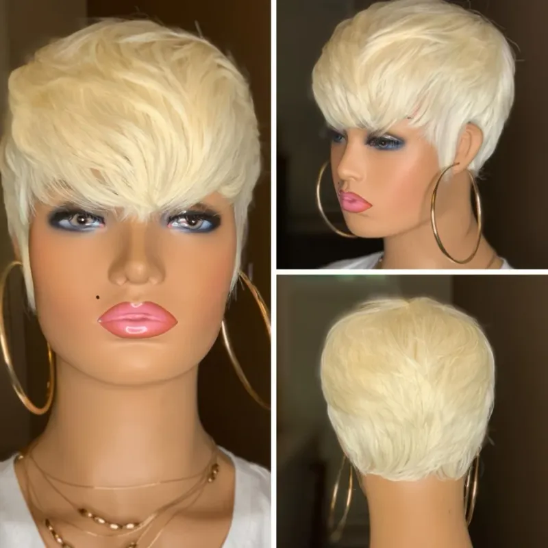 613 Honigblond, kurze, glatte Bob-Perücke aus Echthaar mit Pony für Frauen_voghion.com