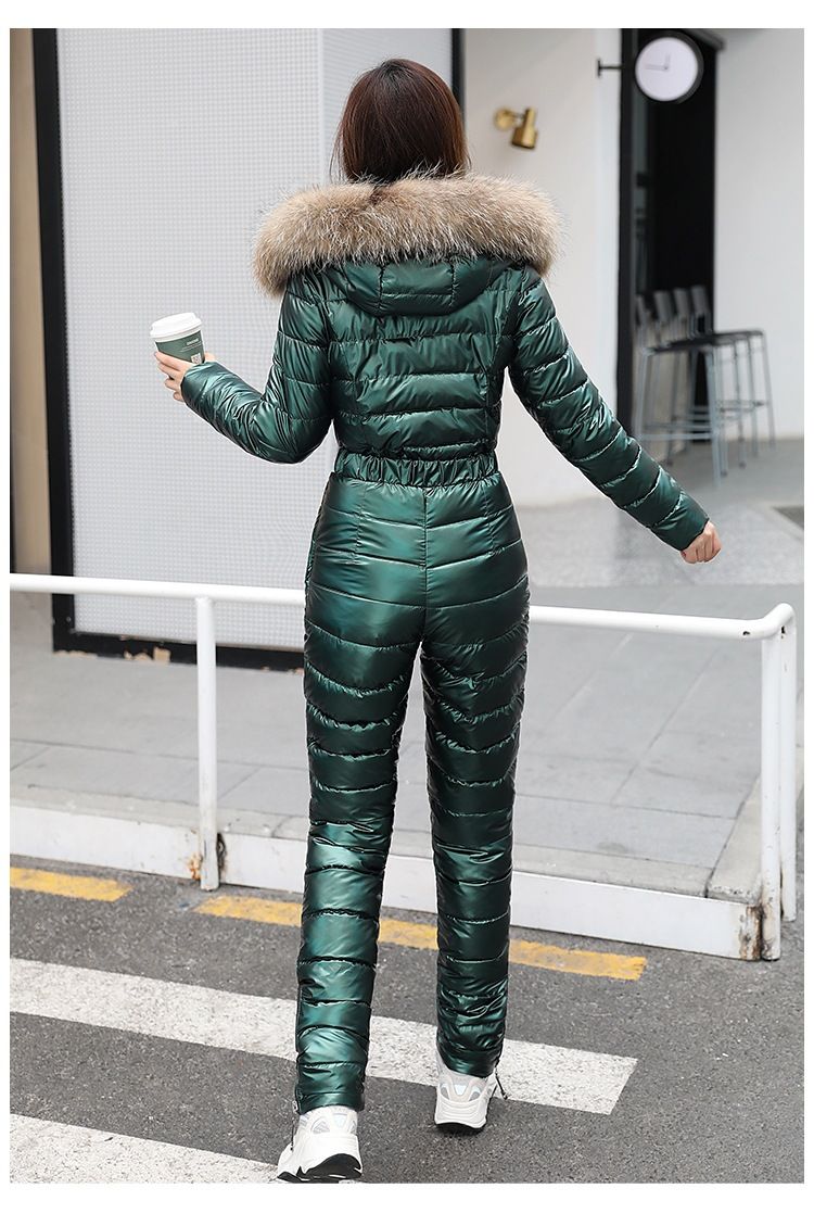 Women's Clothing Women's Silver Ski Suit With Natural Raccoon Fur Hood – Warm Winter One-Piece Puffer Coat For Snow Sports (M-2XL)_voghion.com