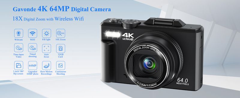 Digitalkamera für Fotografie, WiFi 64MP 4K Vlogging-Kamera F 3 Zoll 180° Flip-Screen 18-facher Digitalzoom Kompakte Vlog-Reisekamera mit 32 GB TF-Karte Schwarz_voghion.com