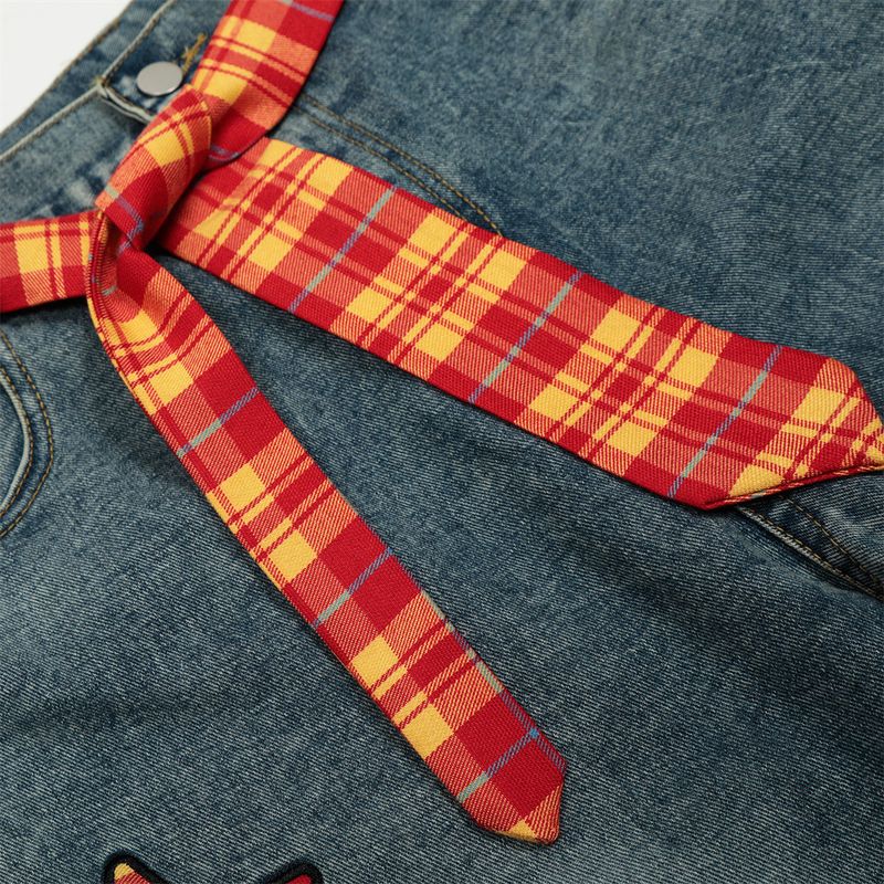 Vaqueros anchos con diseño de estrella de cinco puntas para hombre, marca de moda, estilo punk único, cinturón a cuadros y pantalones largos de cimitarra lavados._voghion.com