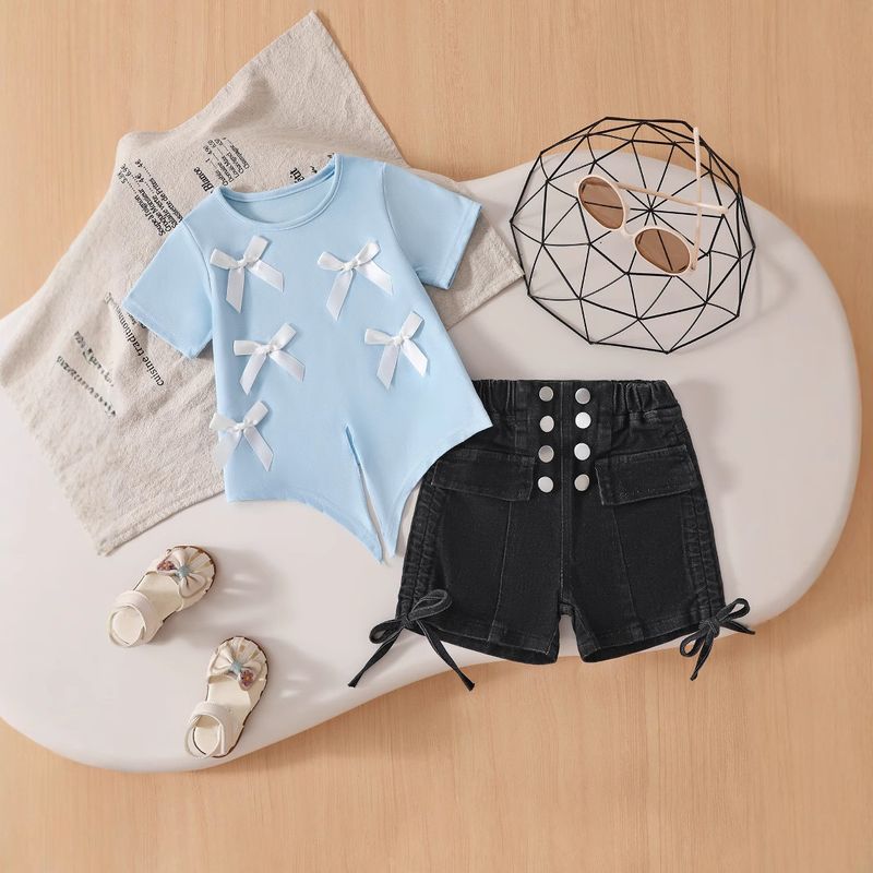 Maglietta estiva a maniche corte con fiocco, scollo rotondo, stile corto, top con nodo chic, pantaloncini in denim, due pezzi_voghion.com