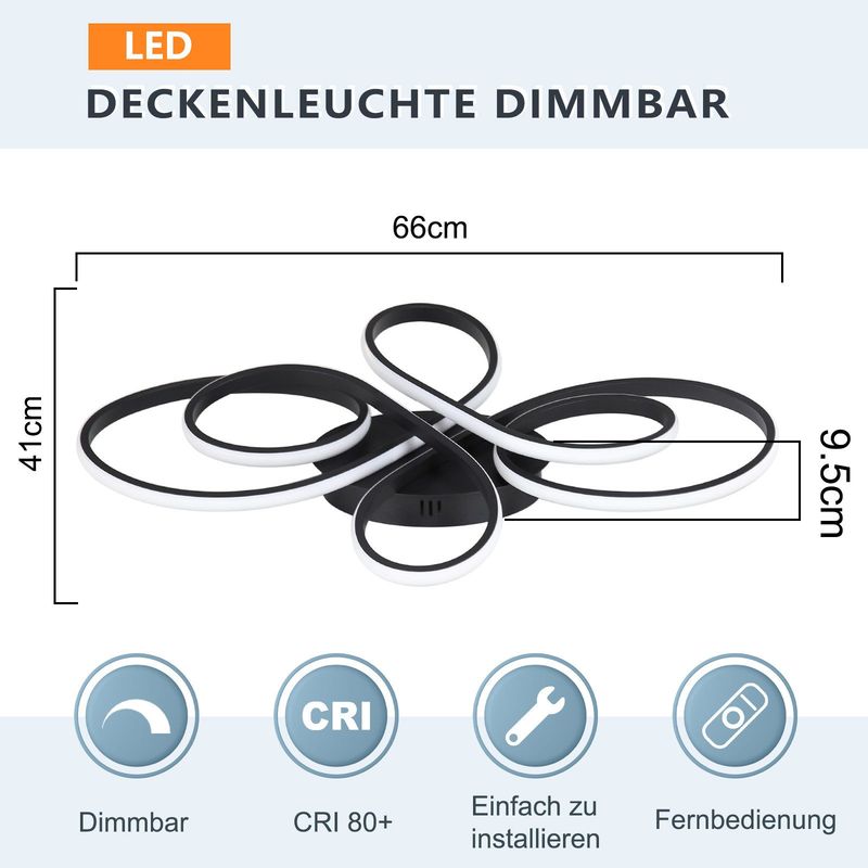 Glitzerlife Deckenlampe LED Deckenleuchte Schwarz - 66cm Dimmbar Wohnzimmerlampe 65W Moderne Schlafzimmerlampe Mit Fernbedienung Für Esszimmer Büro Arbeitzimmer_voghion.com