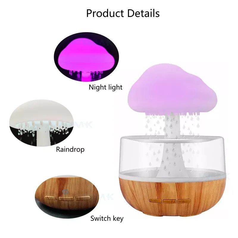 Lampada da tavolo a LED con nuvola e goccia di pioggia, umidificatore colorato a forma di fungo, foresta pluviale, aromaterapia, lampada da tavolo per uso domestico, paesaggio con nuvola di pioggia_voghion.com