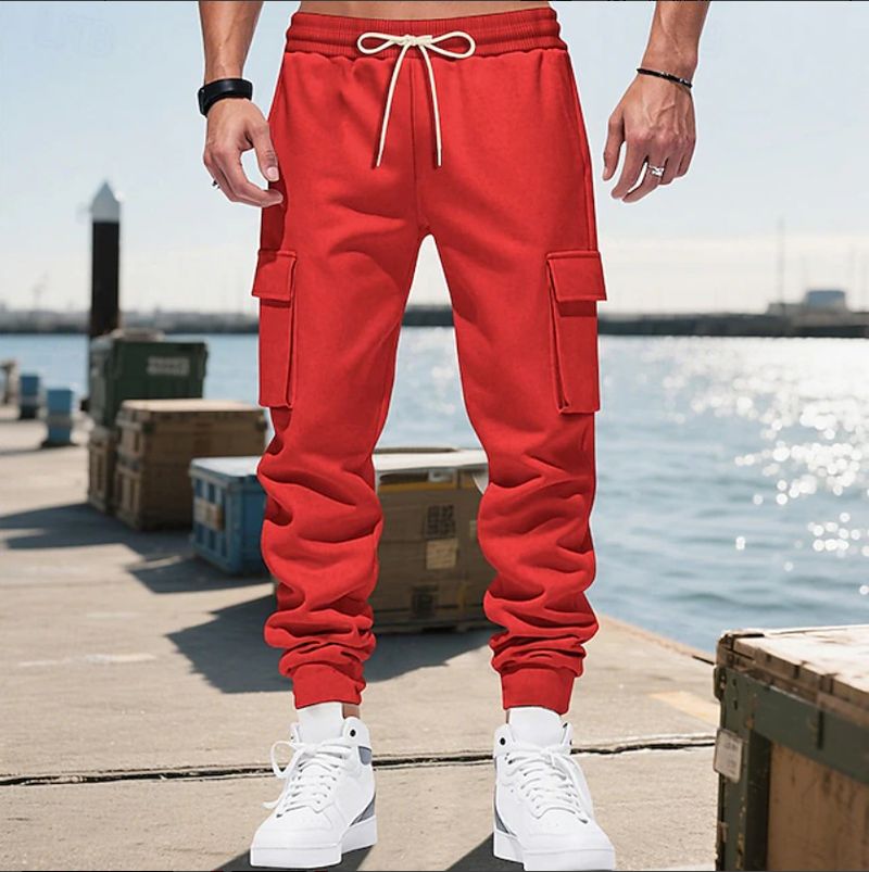 Pantalon de jogging cargo pour homme avec taille élastique et cordon de serrage - Pantalon décontracté multi-poches pour l'entraînement, la course et le quotidien (noir, rouge)_voghion.com