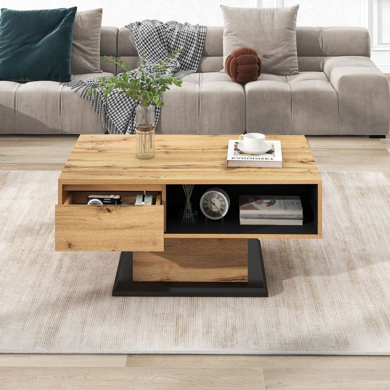 Table basse en bois avec tiroir caché, compartiment de rangement ouvert et espace de rangement arrière, rangement double face pour salon ou bureau, table de canapé grande capacité_voghion.com