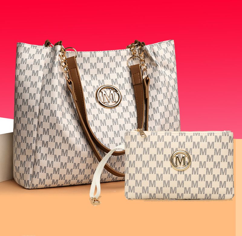 Stylish M-Print Tote & Clutch Bag Set With Chain Strap - Versatile PU Handbag Combo For Women (Black/Brown/White)_voghion.com