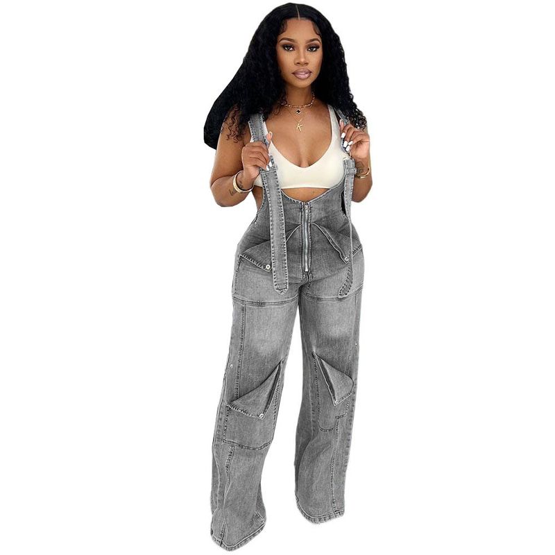 Damenbekleidung Damen Sommer Street Casual Zipper Washed Jumpsuit_voghion.com